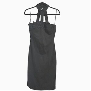 MARCIANO Black Lace detail fitted strappy halter Mini dress. Size small